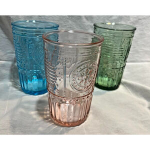 3 Bormioli Rocco Italy Tumblers Vintage 16oz Glasses 5.25" Green Pink Blue